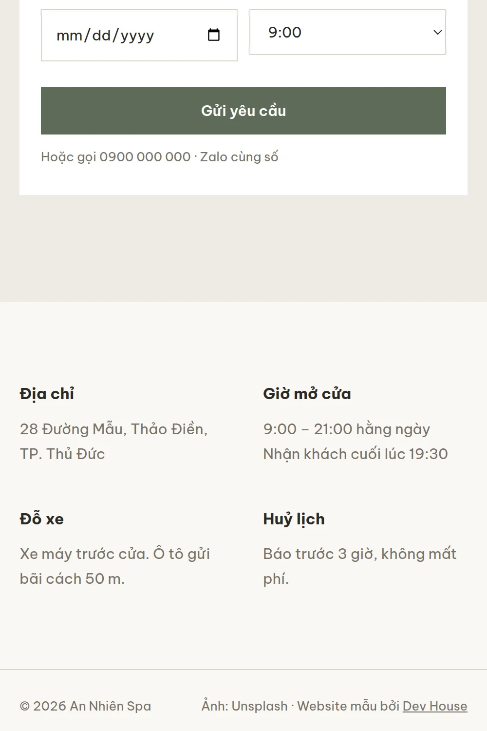 Spa & beauty website template: footer